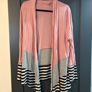 Striped Pink and Gray Open Front Cardigan
